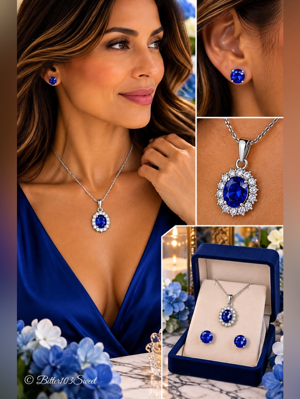 Elegant Blue Crystal Halo Necklace & Stud Earrings Set